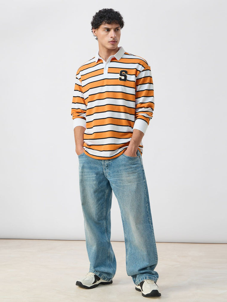 Popcorn Stripes: Varsity Blaze Men Rugby Polos