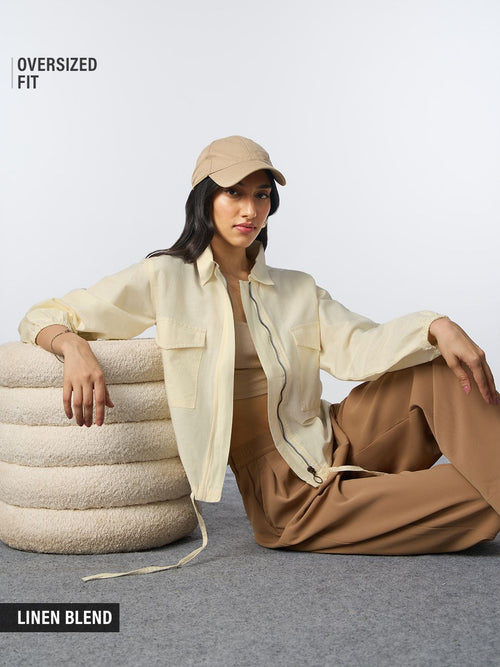 Cotton Linen Shacket: Off-White Women Shackets