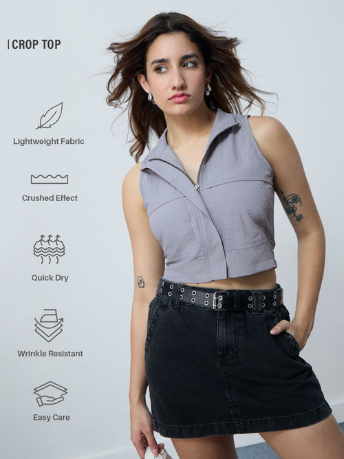Zipper Top: Light Grey Women Fashion Tops