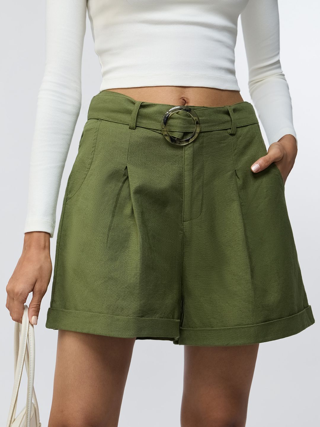 Cotton Linen Shorts: Foliage Women Shorts