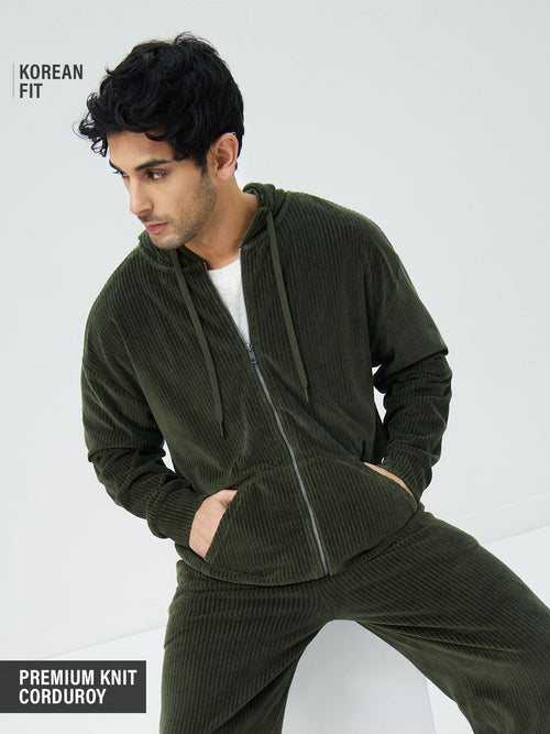 Corduroy Hoodie: Olive Men Oversized Hoodies