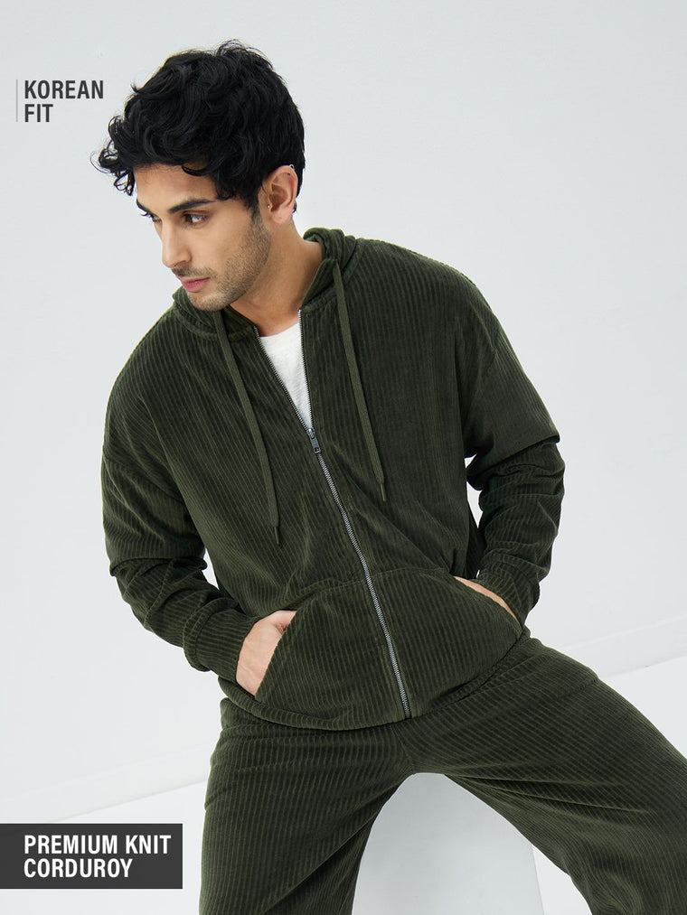 Corduroy Hoodie: Olive Men Oversized Hoodies