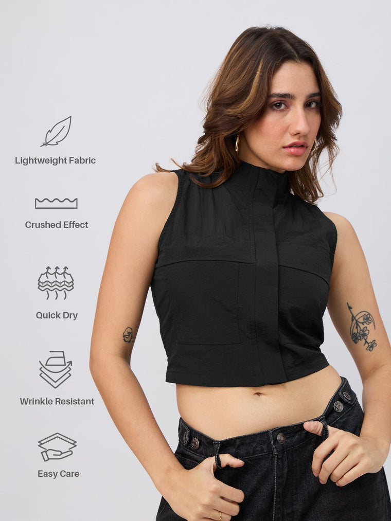 Zipper Top: Charcoal Black Women Fashion Tops