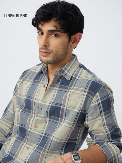 Cotton Linen Checks: Blue Topaz Cotton Linen Shirts