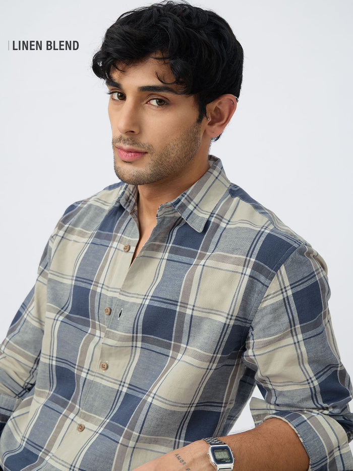 Cotton Linen Checks: Blue Topaz Cotton Linen Shirts