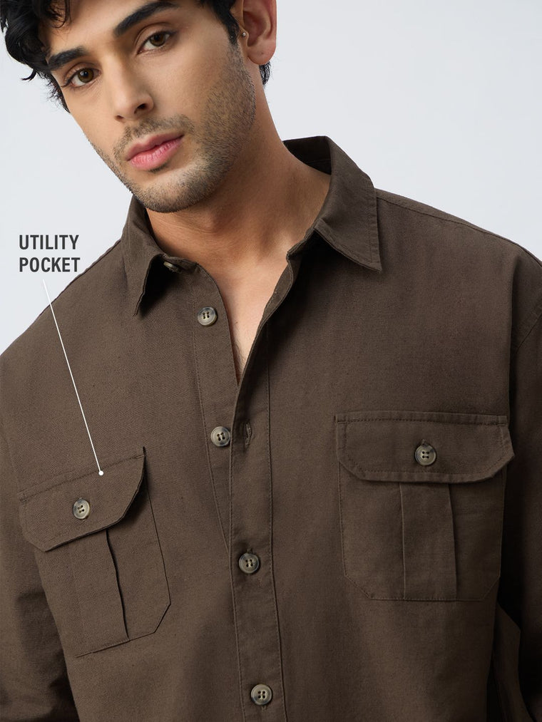 Cotton Linen Utility: Mocha Men Utility Shirts