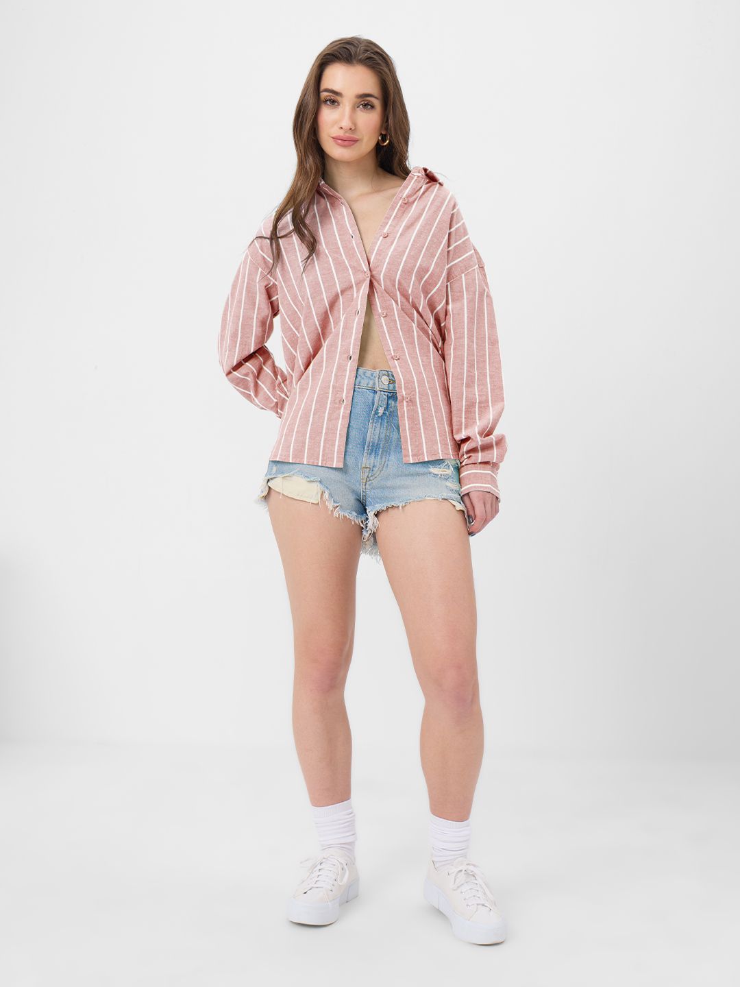 Cotton Linen Stripes: Cardinal Women Oversized Shirts