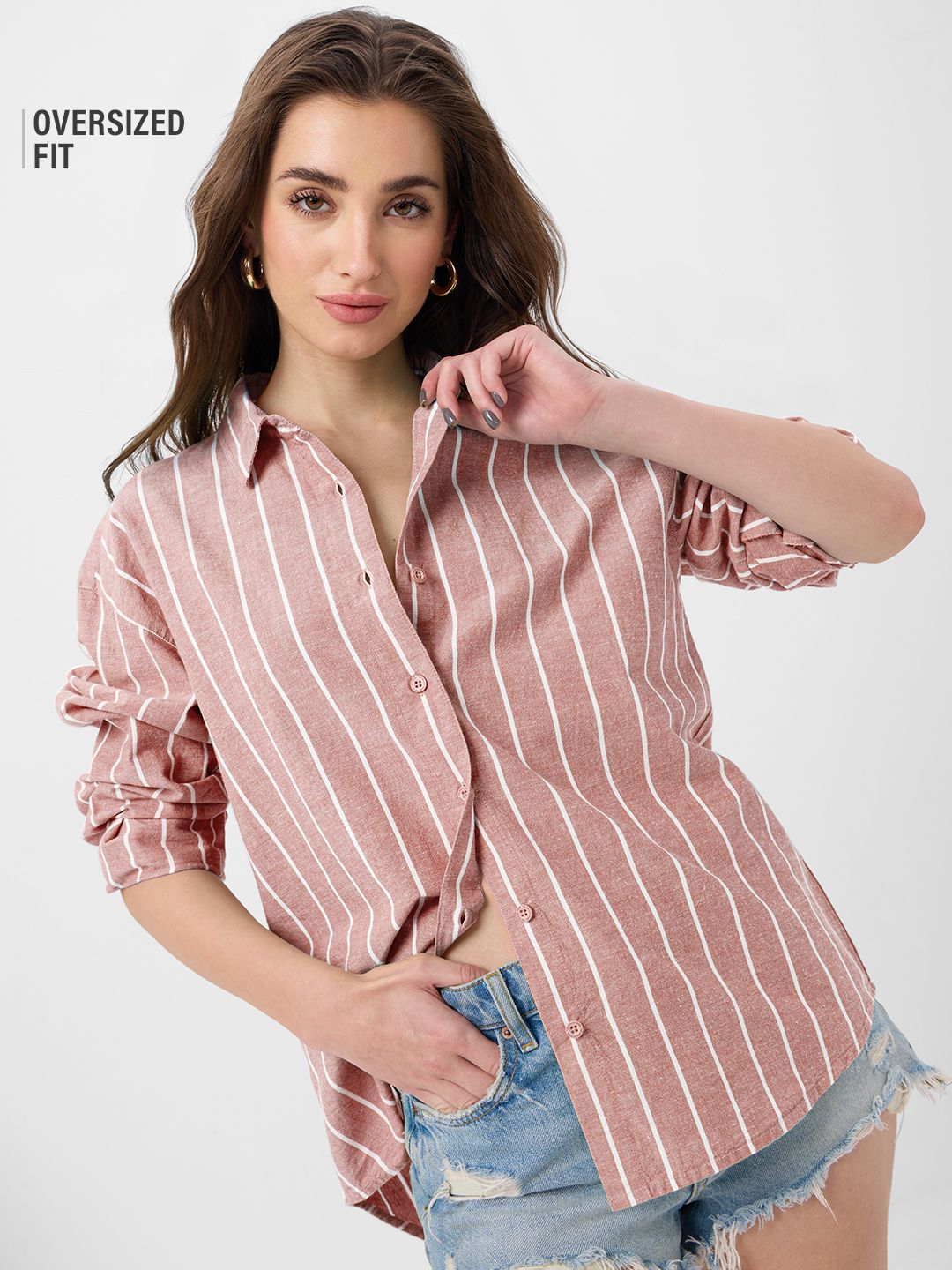 Cotton Linen Stripes: Cardinal Women Oversized Shirts
