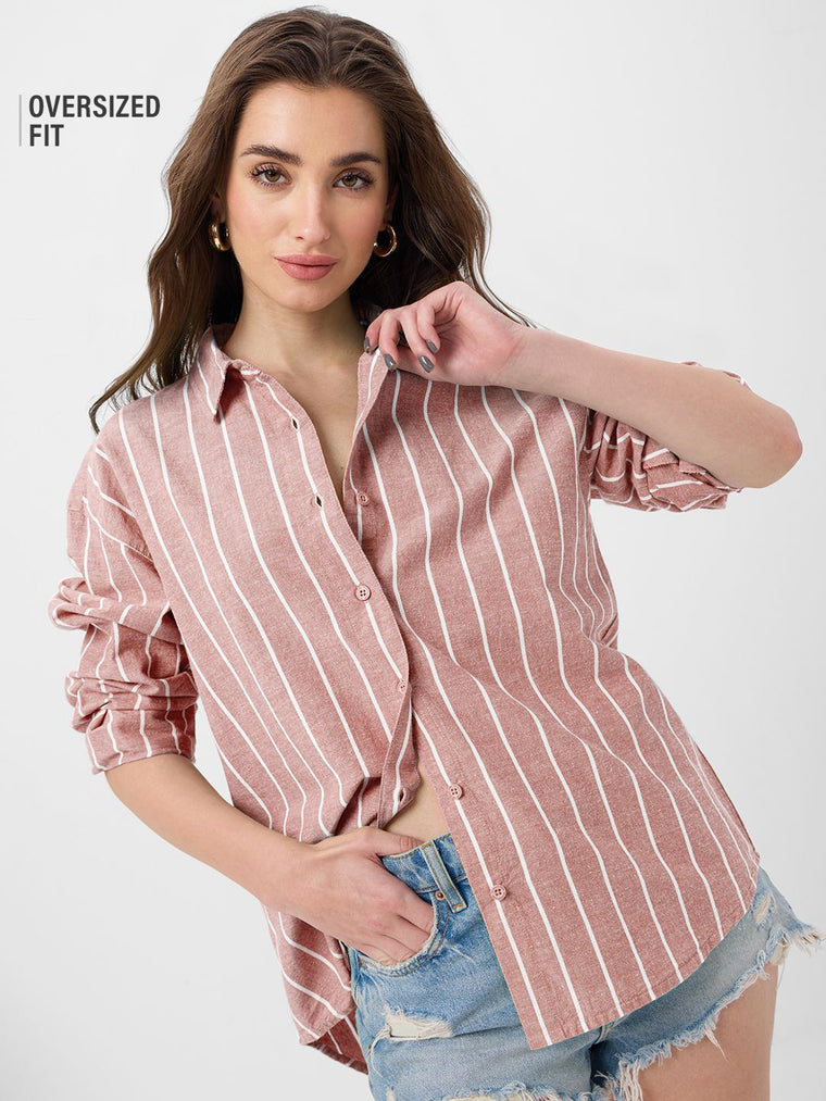Cotton Linen Stripes: Cardinal Women Oversized Shirts