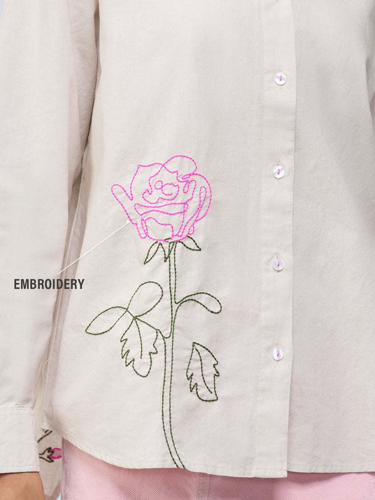 Cotton Linen Shirt: Roses Women Oversized Shirts