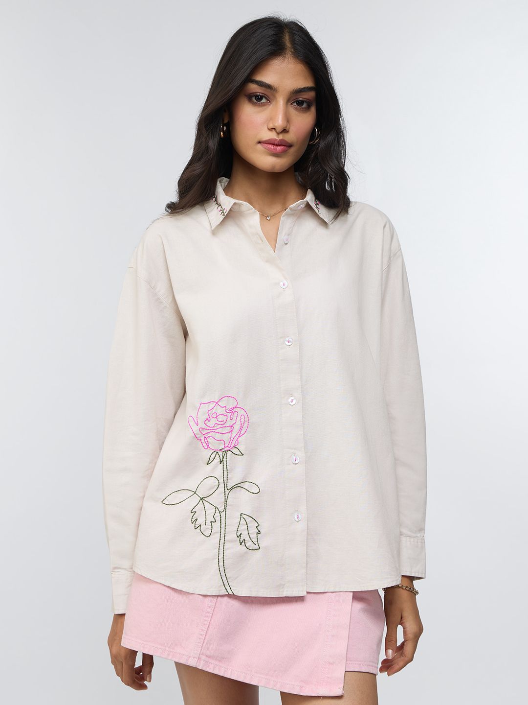 Cotton Linen Shirt: Roses Women Oversized Shirts