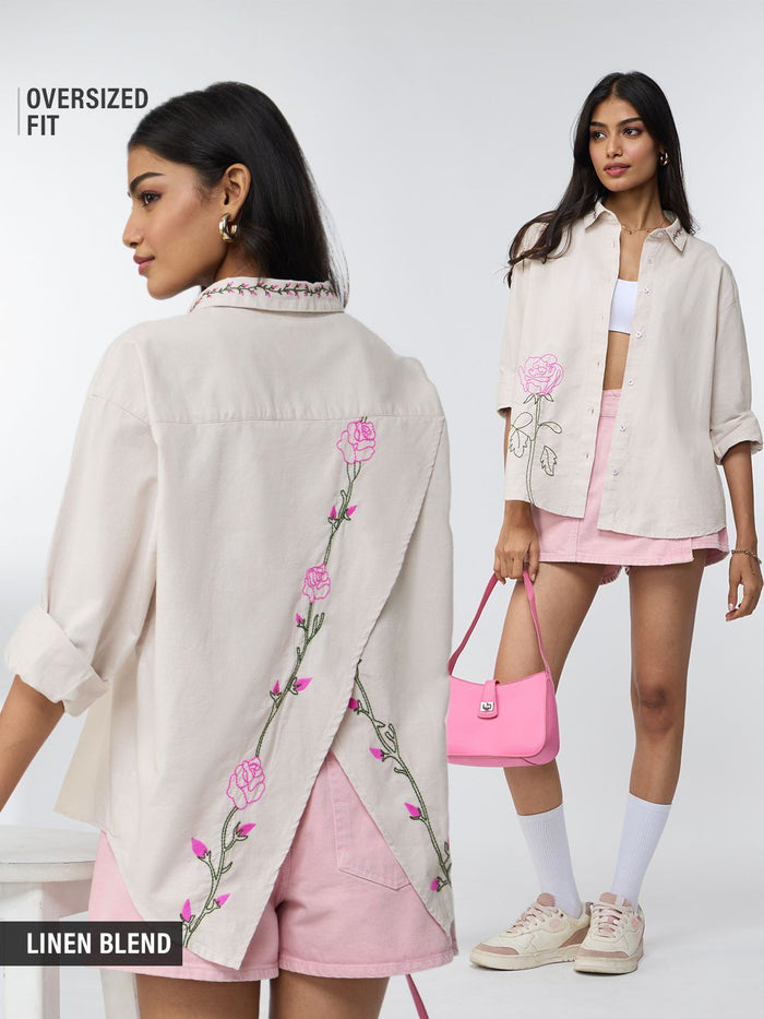 Cotton Linen Shirt: Roses Women Oversized Shirts