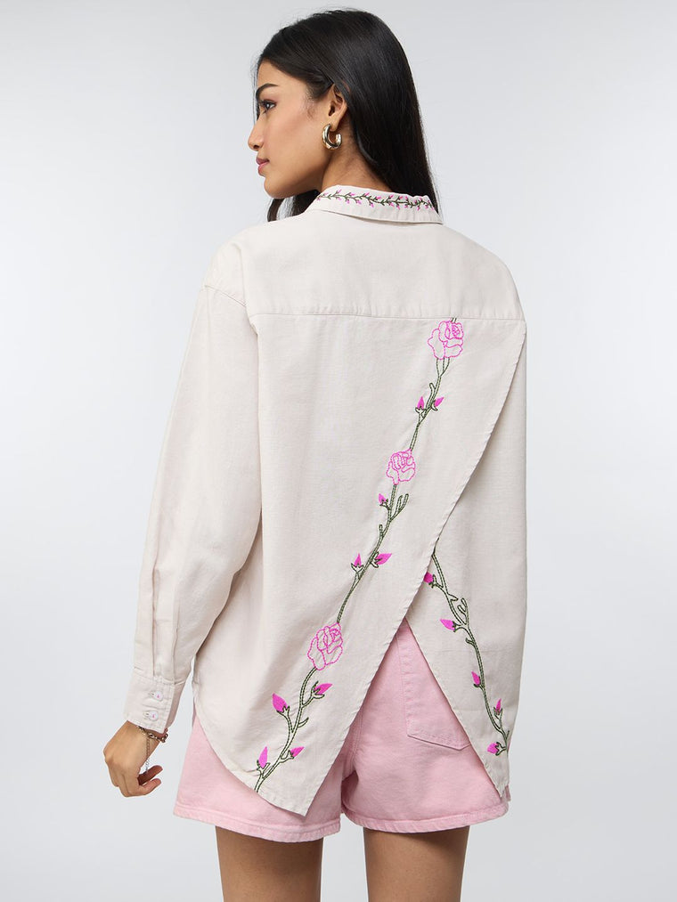 Cotton Linen Shirt: Roses Women Oversized Shirts