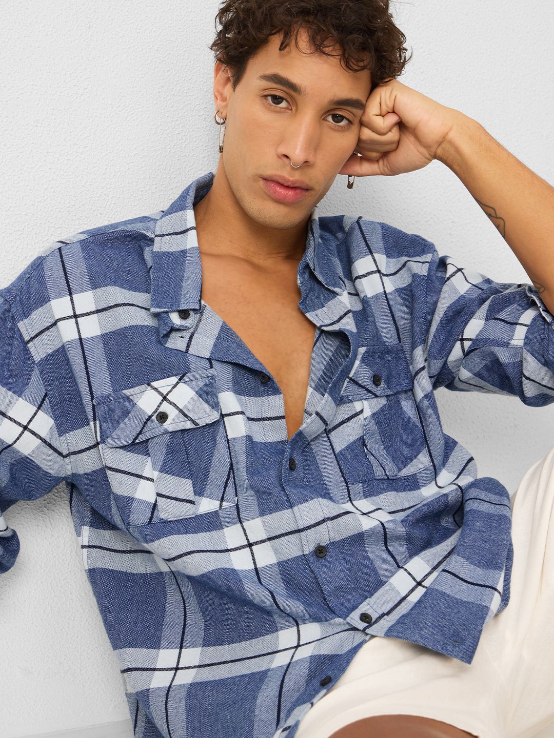 Plaid: Blue, White Men Utility Shirts