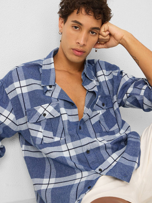 Plaid: Blue, White Men Utility Shirts