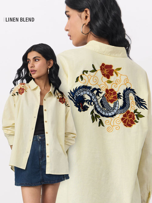 Cotton Linen Shirt: Dragon Women Oversized Shirts