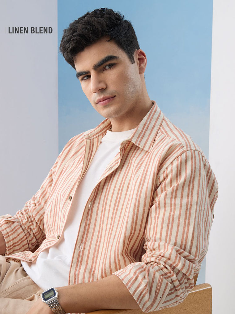Cotton Linen Stripes: Apricot Cotton Linen Shirts
