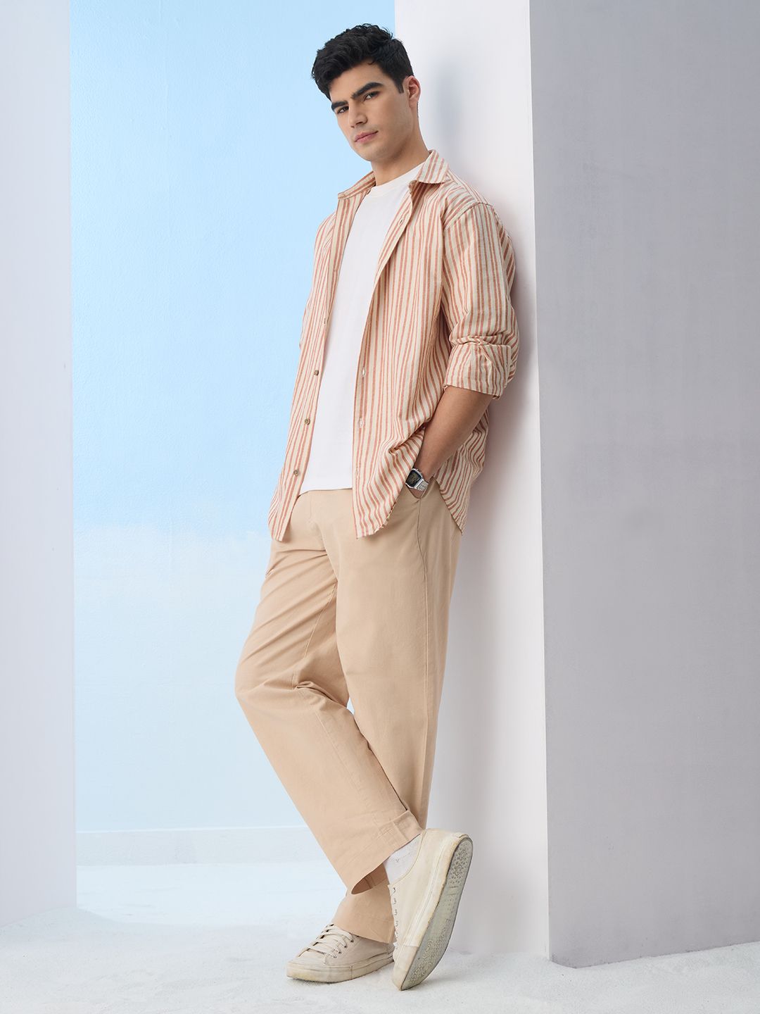 Cotton Linen Stripes: Apricot Cotton Linen Shirts