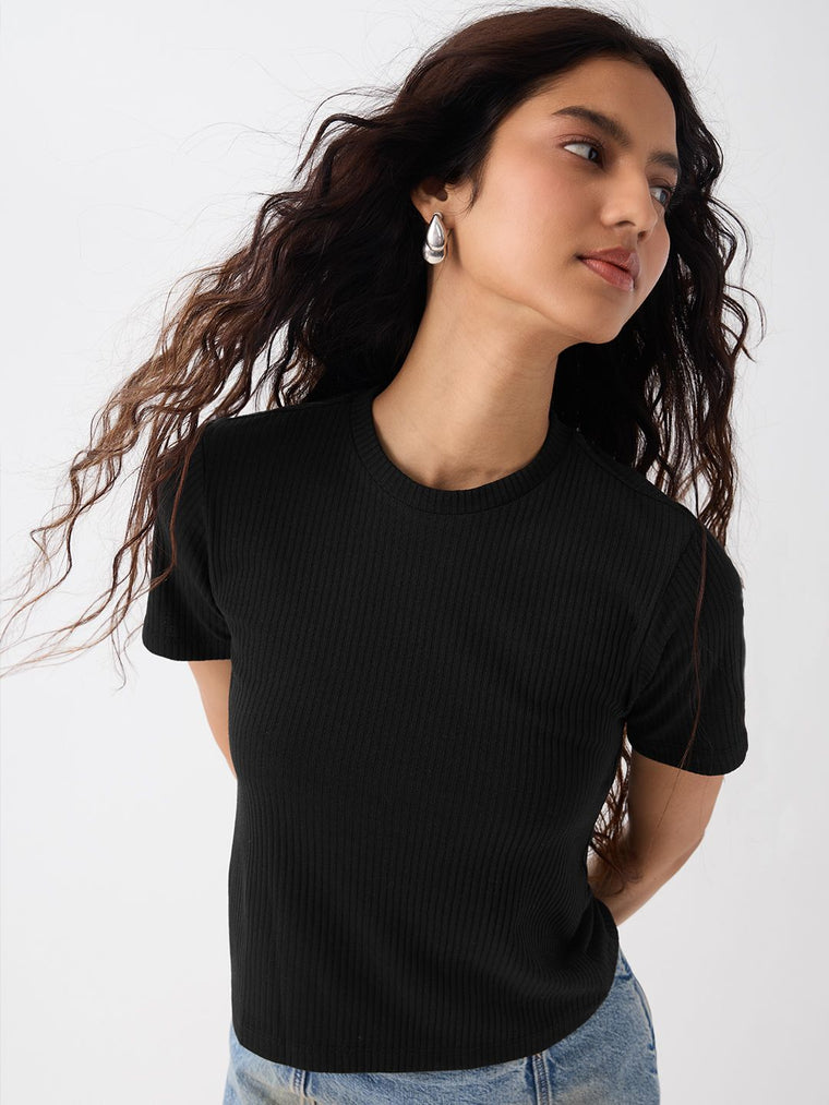 Ribbed T-shirt: Black Women Fitted T-Shirts