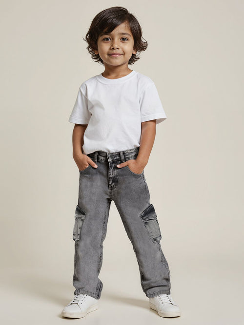 Solids: Grey Boys Denim Cargo Pants (2-8 Yrs)