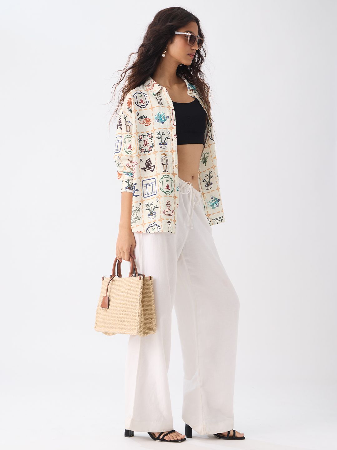Textured Shirt: Mahjong Tiles Women Oversized Shirts