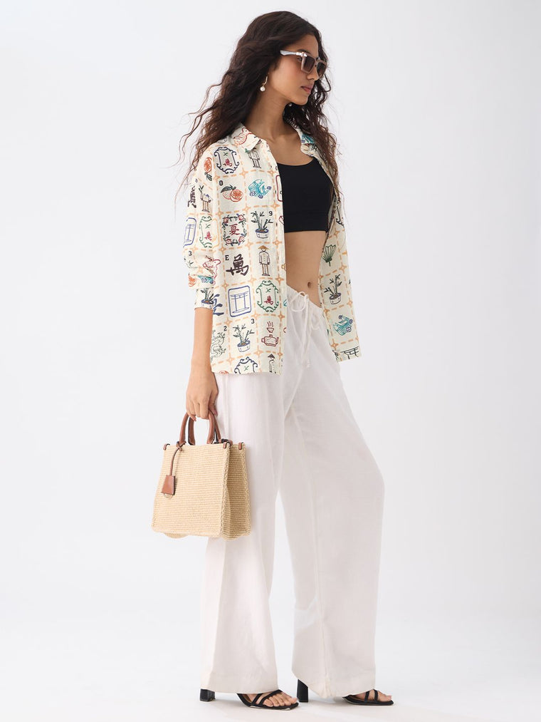Textured Shirt: Mahjong Tiles Women Oversized Shirts