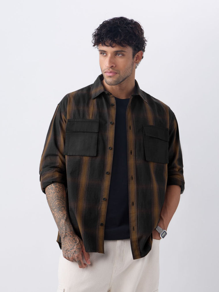 Plaid: Black & Brown Men Utility Shirts