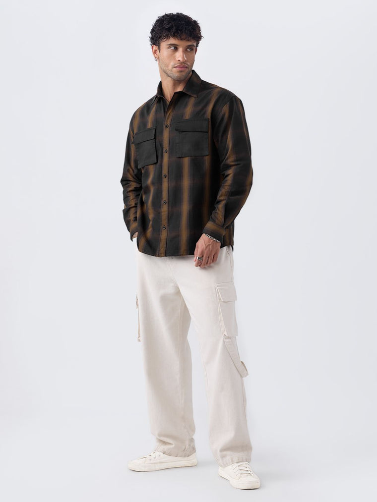 Plaid: Black & Brown Men Utility Shirts