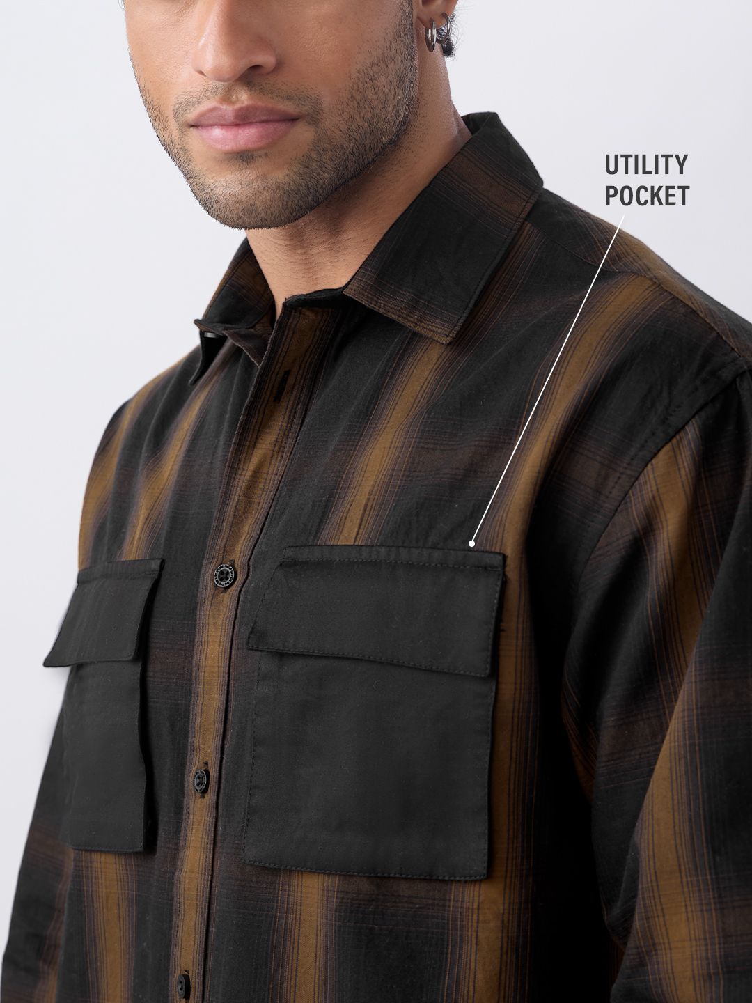 Plaid: Black & Brown Men Utility Shirts