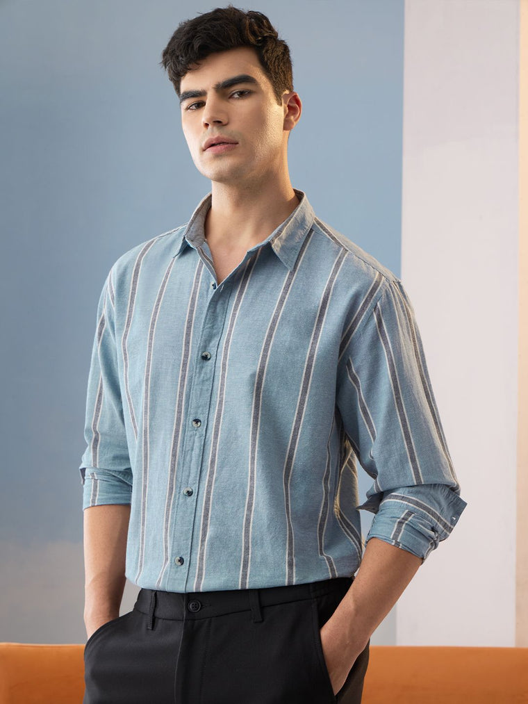 Cotton Linen Stripes: Lagoon Cotton Linen Shirts