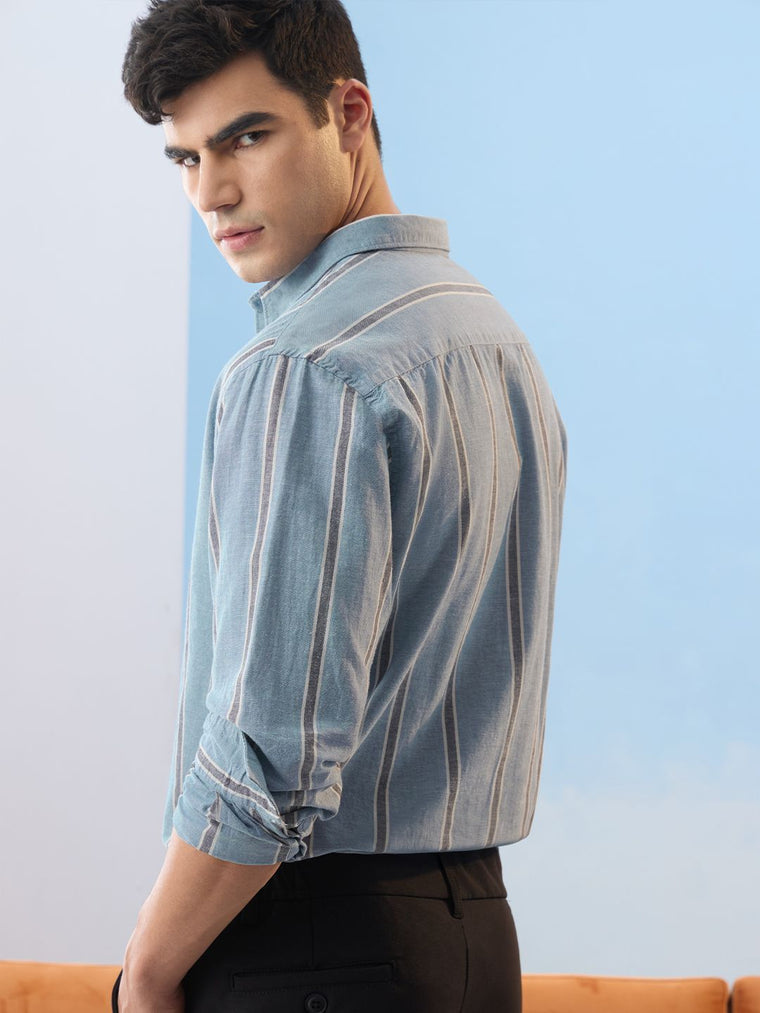 Cotton Linen Stripes: Lagoon Cotton Linen Shirts