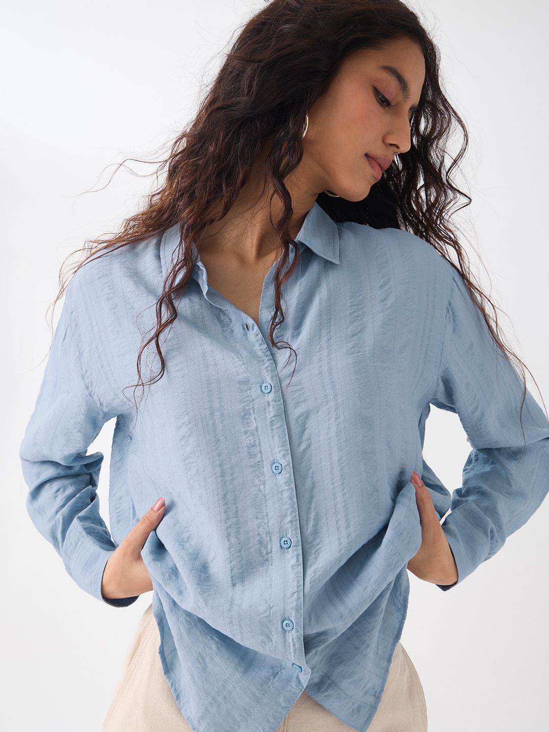 Textured Shirt: Sky-Blue Women Relaxed Shirts