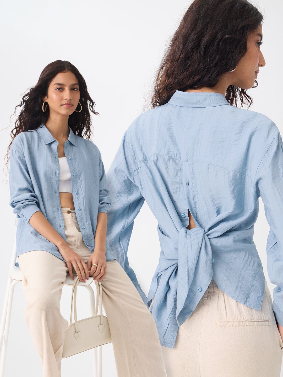 Textured Shirt: Sky-Blue Women Relaxed Shirts