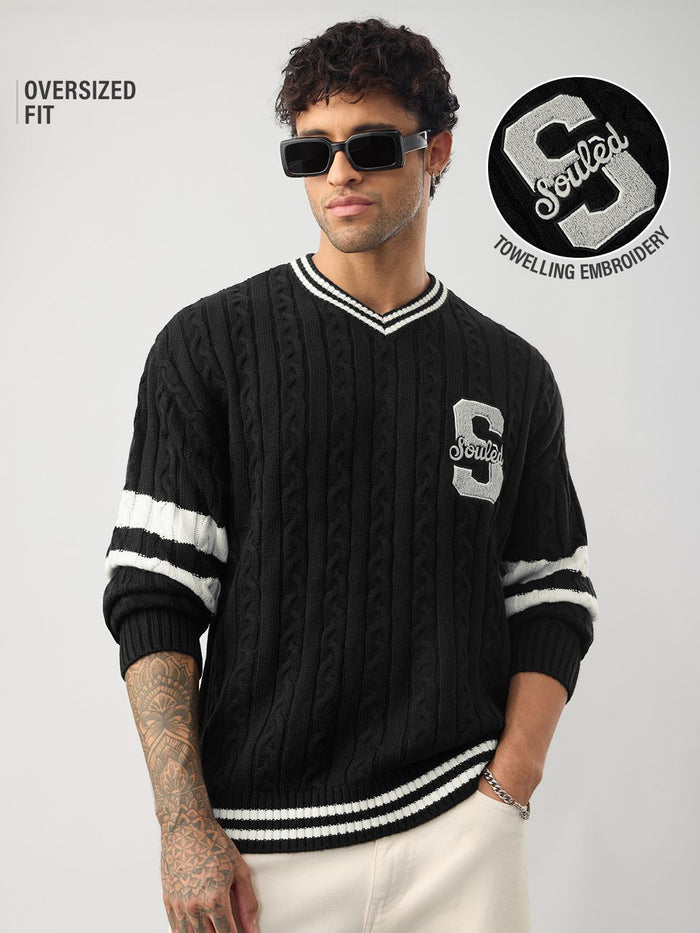 Cable Knit: Varsity Black Oversized Pullovers