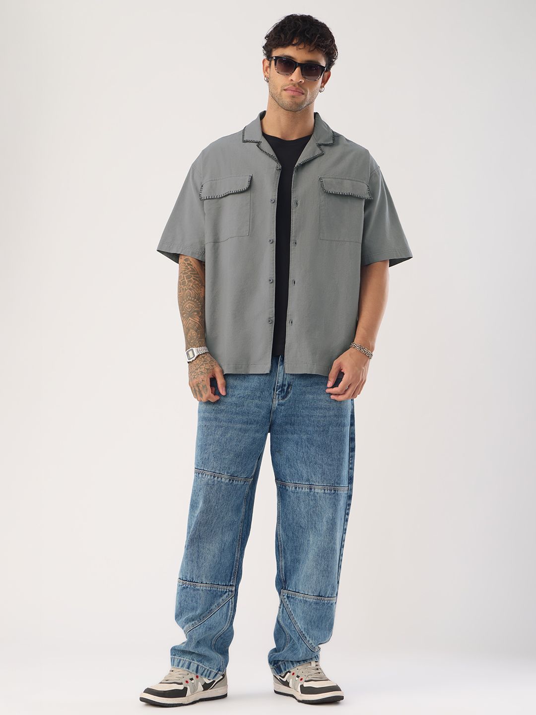 Cotton Linen Utility: Grey Oversized Shirts