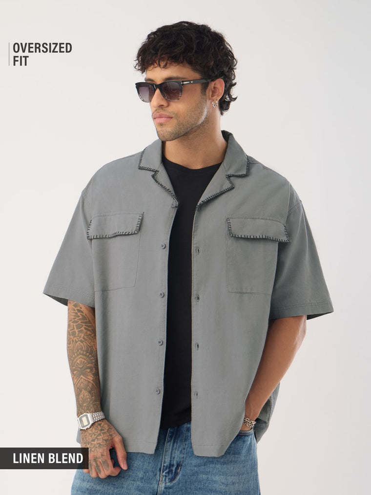 Cotton Linen Utility: Grey Oversized Shirts
