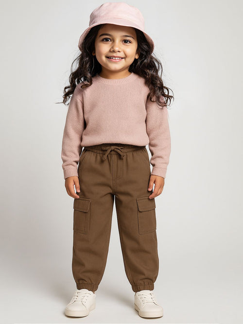 Solids: Earthy Brown Girls Cotton Joggers (2-8 Yrs)