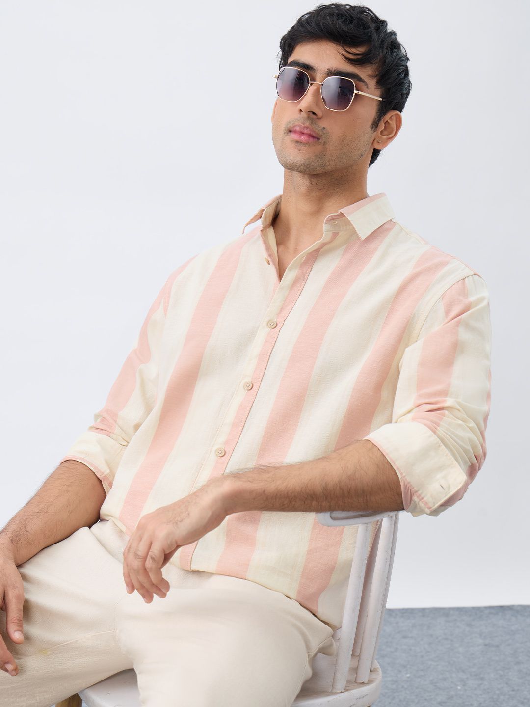 Cotton-Linen Stripes: Coral Cotton Linen Shirts