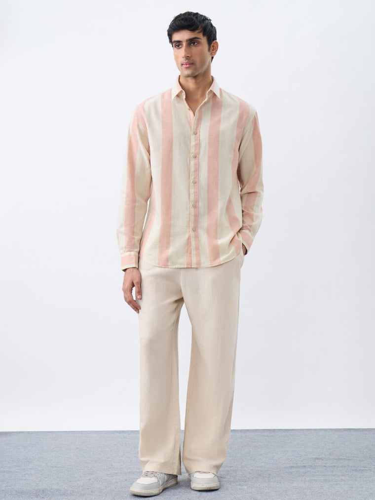 Cotton-Linen Stripes: Coral Cotton Linen Shirts