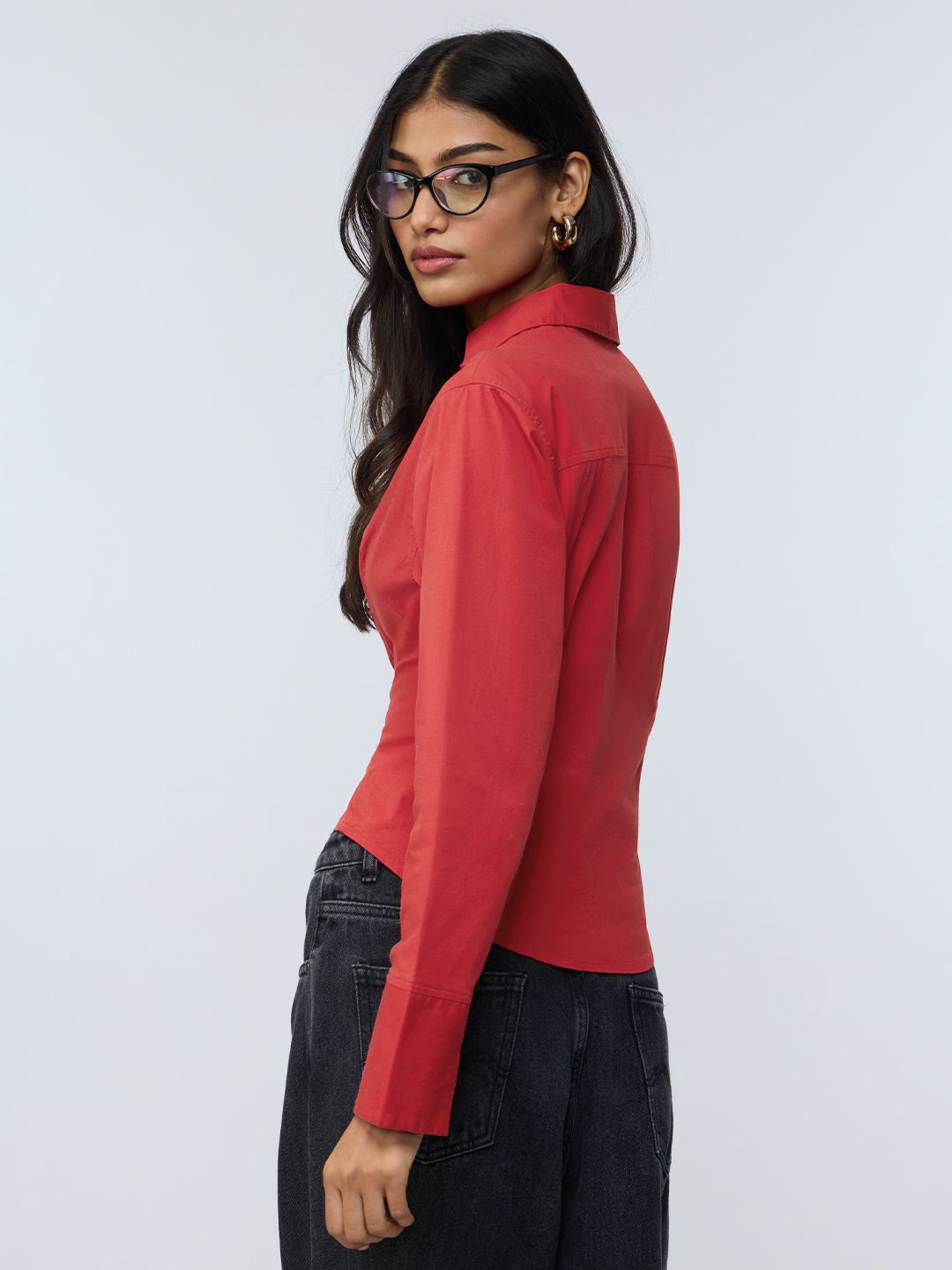 Corset Shirt: Cherry Red Women Fitted Shirts