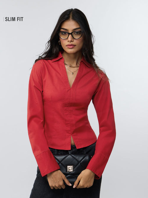 Corset Shirt: Cherry Red Women Fitted Shirts