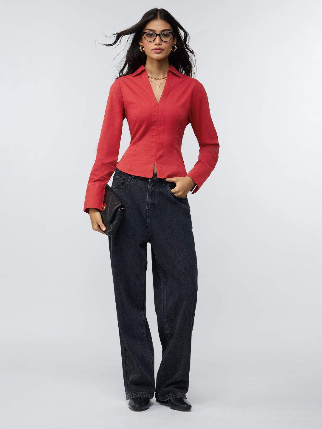Corset Shirt: Cherry Red Women Fitted Shirts