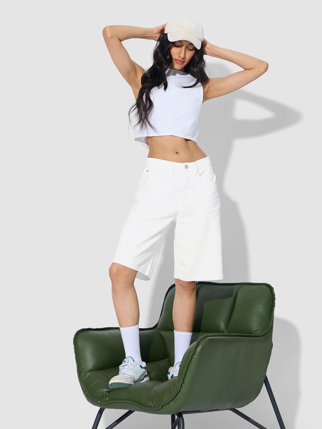 Denim Bermuda: Pearl White Women Denim Bermuda Shorts