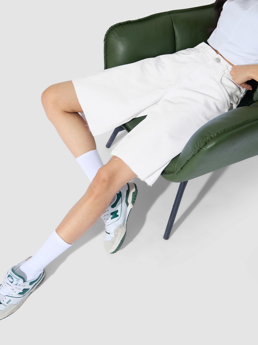 Denim Bermuda: Pearl White Women Denim Bermuda Shorts