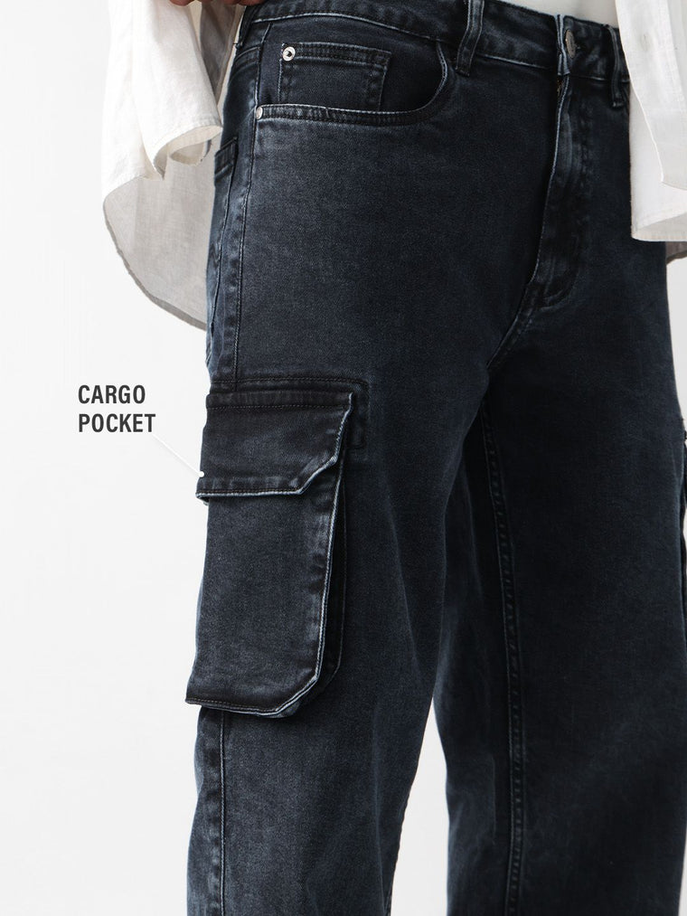 Baggy-Fit Denim: Black Stone Men Cargo Jeans
