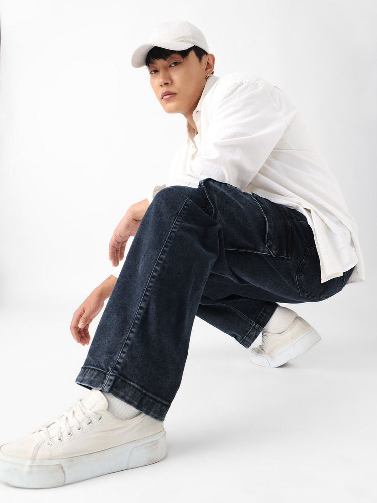 Baggy-Fit Denim: Black Stone Men Cargo Jeans