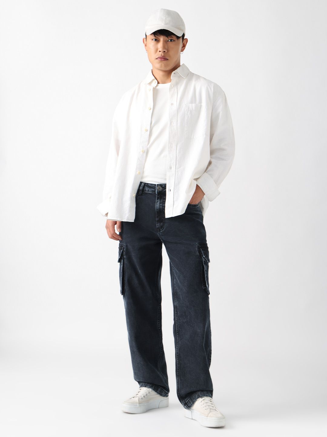 Baggy-Fit Denim: Black Stone Men Cargo Jeans
