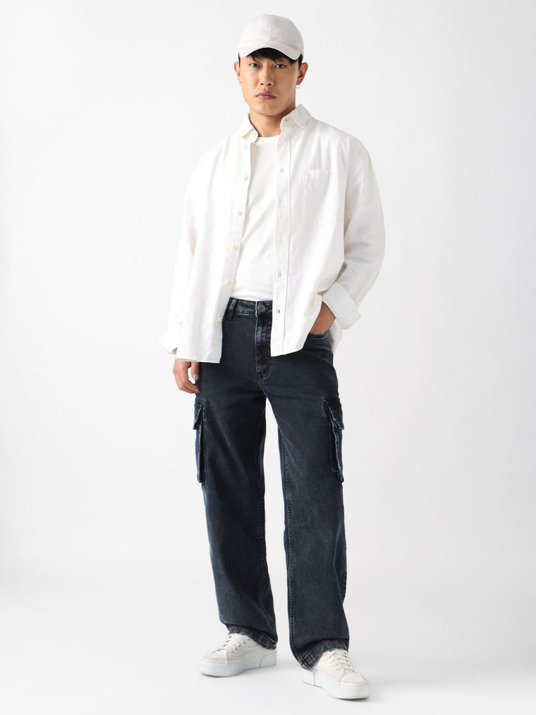 Baggy-Fit Denim: Black Stone Men Cargo Jeans