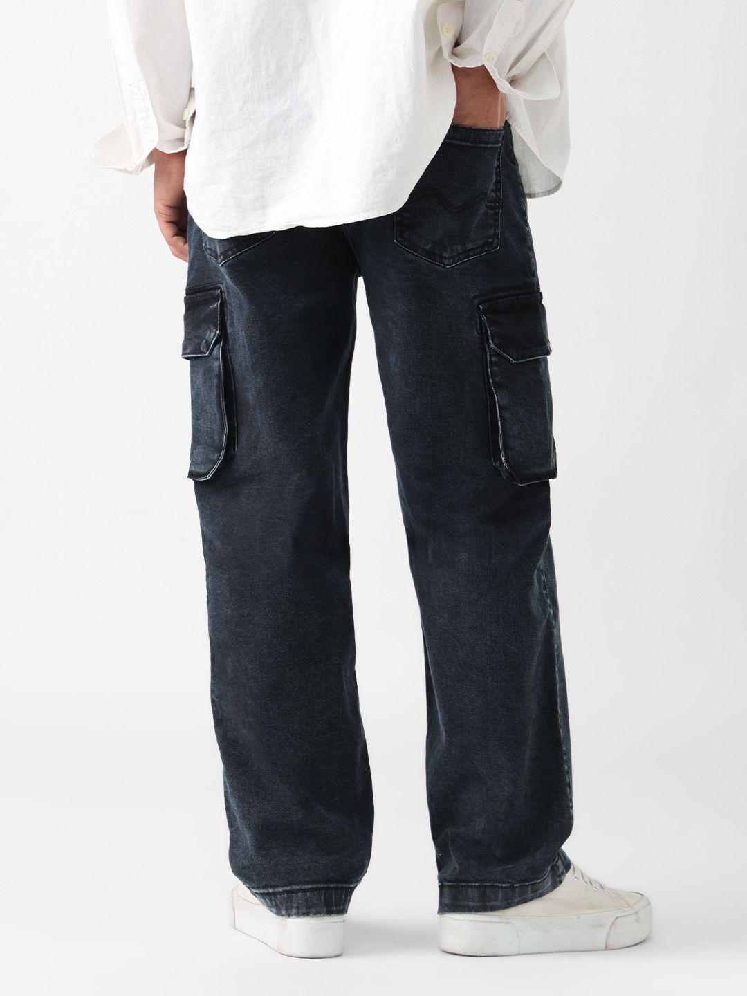 Baggy-Fit Denim: Black Stone Men Cargo Jeans