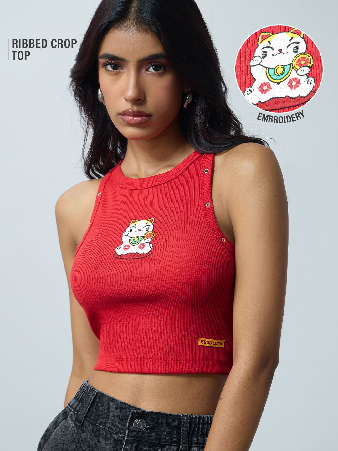 Ribbed Tank Top: Lucky Cat Women Knit Tops
